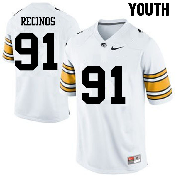 Youth Iowa Hawkeyes #91 Miguel Recinos College Football Jerseys-White